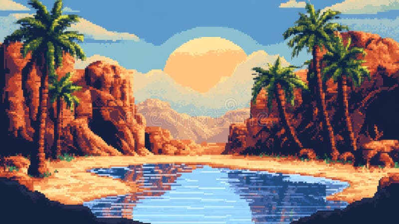Pixelated Desert Oasis vector illustration