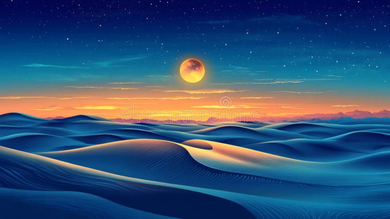 Pixelated Desert Sunset With Moon And Stars vector illustration