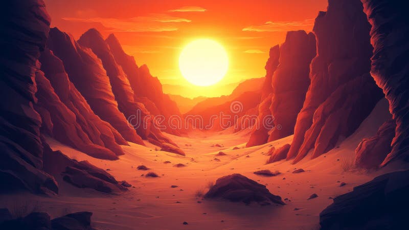 Pixelated Desert Valley at Sunset vector illustration
