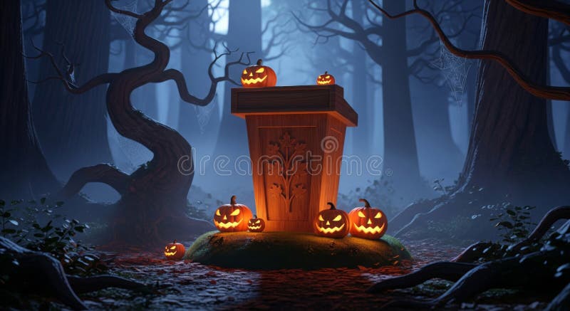 Pixelated Halloween Scene with Glowing Jack O Lanterns in a Dark Forest Landscape vector illustration