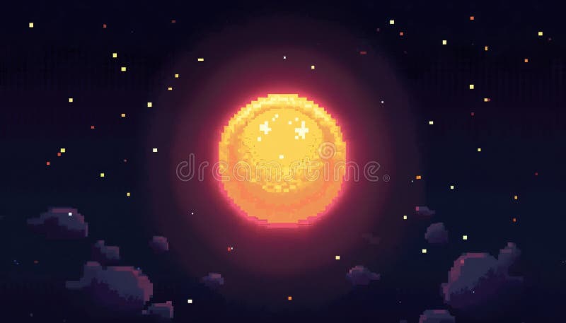 Pixelated Night Sky : Glowing Orange Moon royaltyfri illustrationer