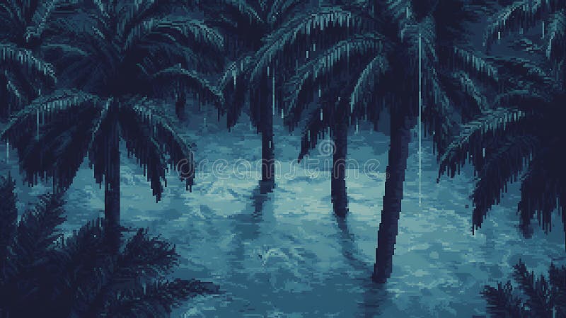 Pixelerat regn faller på en grova med tropiska trädens vatten som i dagsljus tränger runt sina trunkar vektor illustrationer