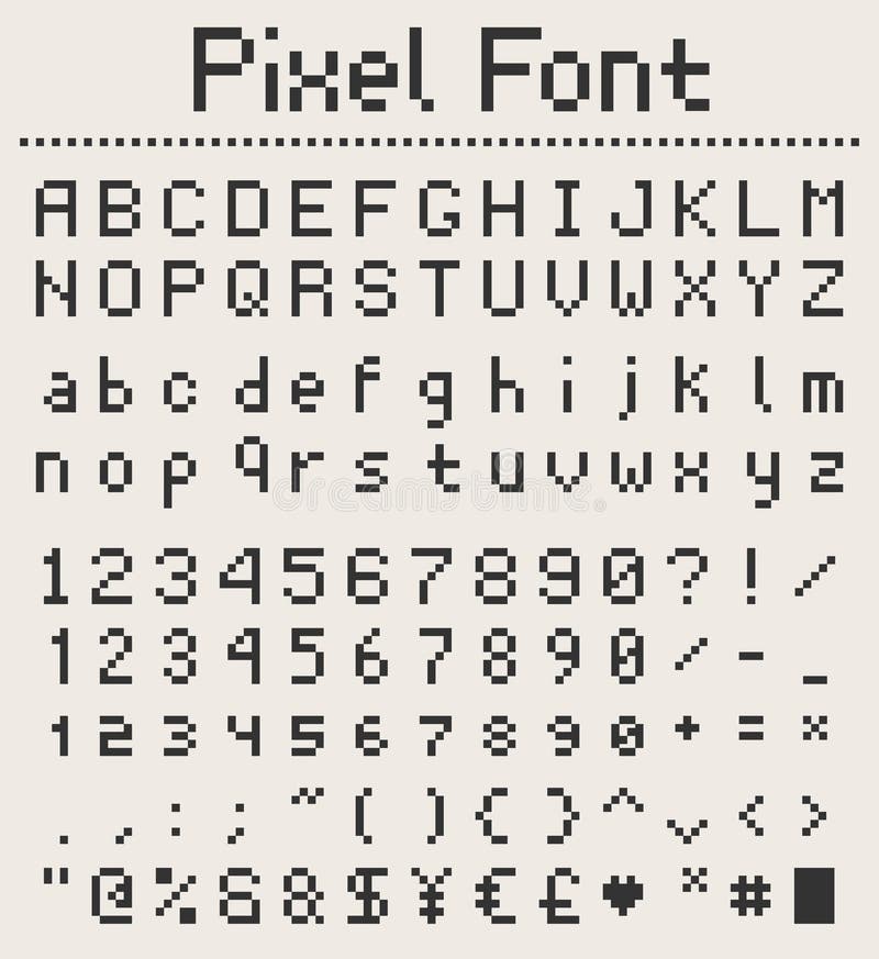Pixelgussalphabet, Buchstaben und Zahlen, Retro- videgame Art lizenzfreie abbildung Pixelgussalphabet, Buchstaben und Zahlen, Retro- videgame Art lizenzfreie abbildung