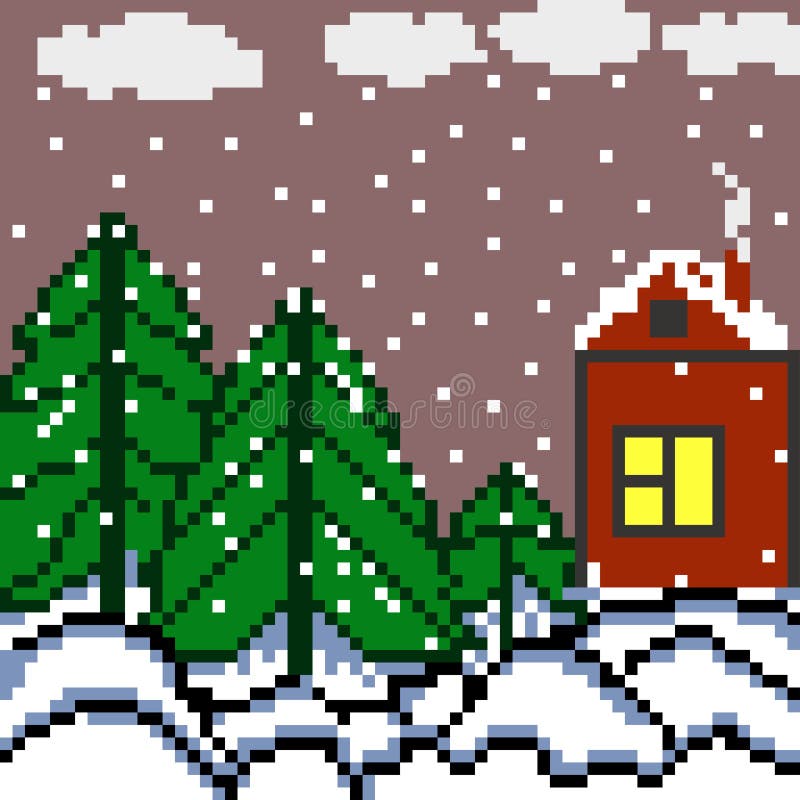 PIXELhus och illustrationen för skogvinterlandskap vektor illustrationer PIXELhus och illustrationen för skogvinterlandskap vektor illustrationer