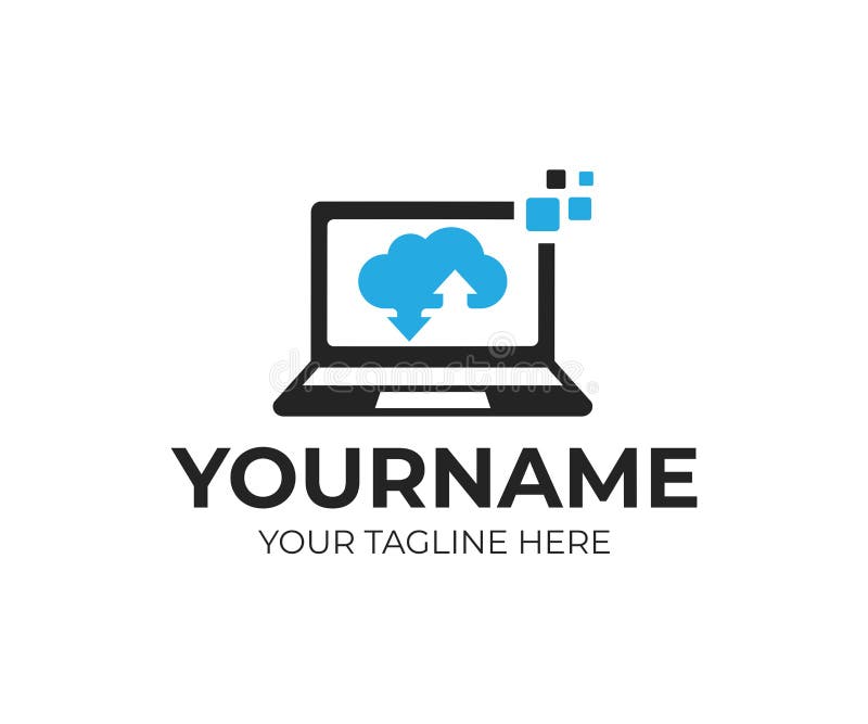 Pixeli de pe serverul cloud și șablon pentru sigla laptopului. proiectarea bazei de date digitale pentru inovare și a vectorului d royalty free illustration