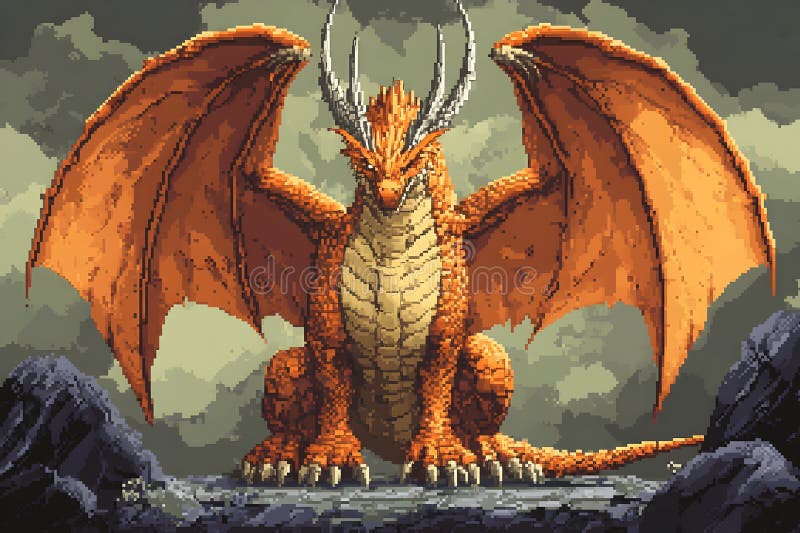 Pixeli Epic dragon art cu aripi maiestuoase întinse peste peisaj stâncos vector illustration