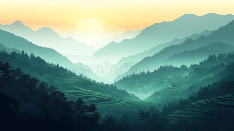 Pixeliges Mountain Valley Sunset View stock abbildung