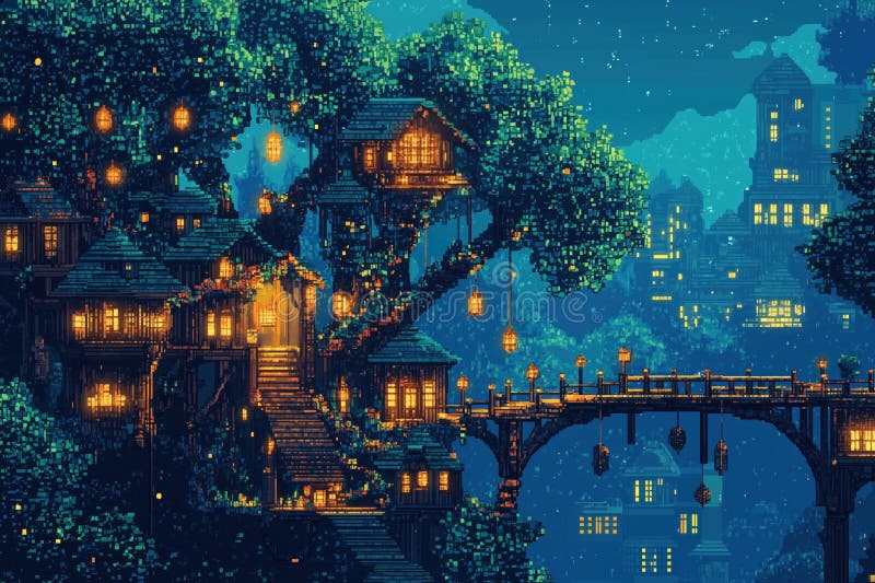 Pixelkunstbaumdorf leuchtet nachts mit warmen Laternen. detaillierte Holzbrücken verbinden Gebäude in pixeligen Wäldern. lizenzfreie abbildung