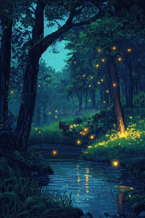 Pixelkunstverglasung mit glühenden Glühwürmchen. Lichtstrahl. Charakterfischerei in einem pixeligen Wald. Nachtszene stock abbildung