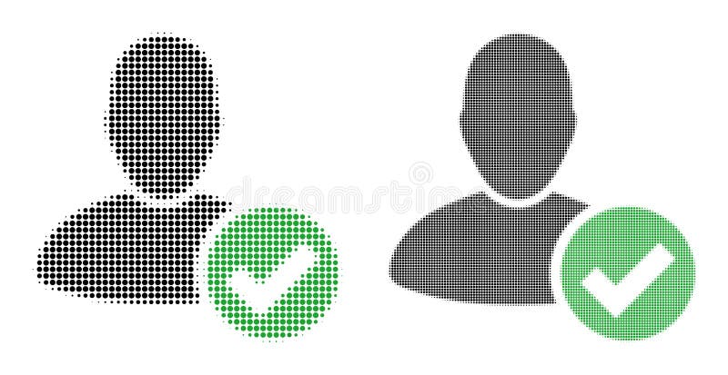 Pixelated halftone valid user icon. Vector halftone collage of valid user icon composed of round elements. Pixelated halftone valid user icon. Vector halftone collage of valid user icon composed of round elements.