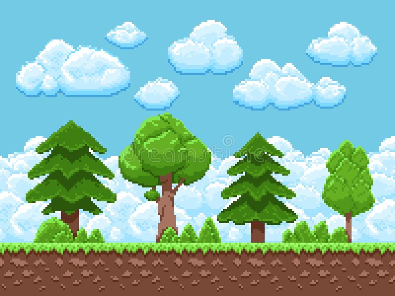 Pixelspiel-Vektorlandschaft mit Bäumen, Himmel und Wolken für Weinlesearcade-spiel mit 8 Bits