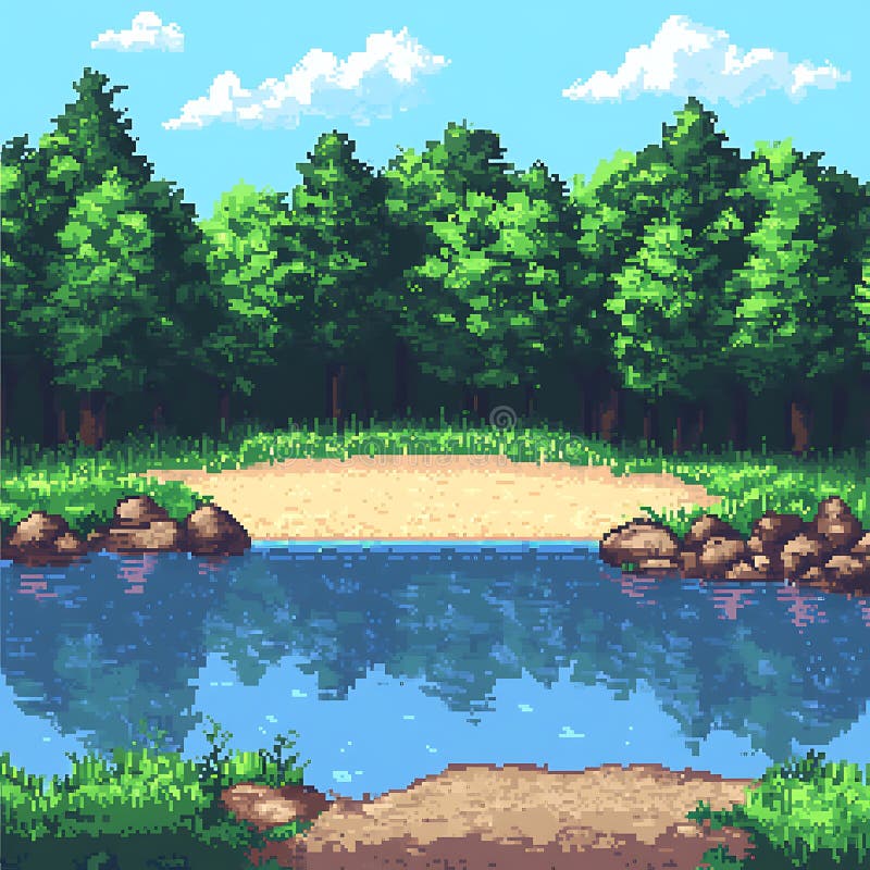 Pixelwaldlandschaft mit blauem Himmel und weißen Wolken lizenzfreie abbildung