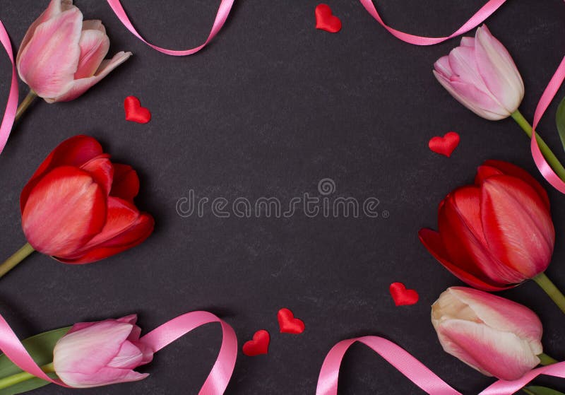 Pizarra negra limpia vacía con los tulipanes rosados y rojos Visión superior fotografía de archivo Pizarra negra limpia vacía con los tulipanes rosados y rojos Visión superior fotografía de archivo
