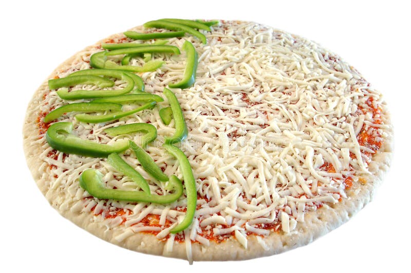 Pizza half green pepper half plain cheese isolated on white