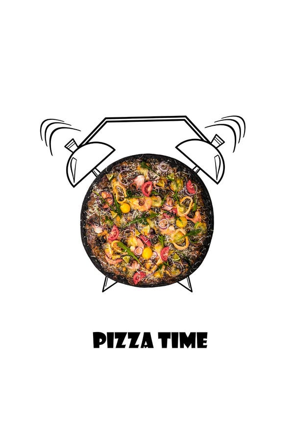 Pizza and alarm clock hand drawn illustration isolated on white background. The inscription Pizza time. vector illustration Pizza and alarm clock hand drawn illustration isolated on white background. The inscription Pizza time. vector illustration