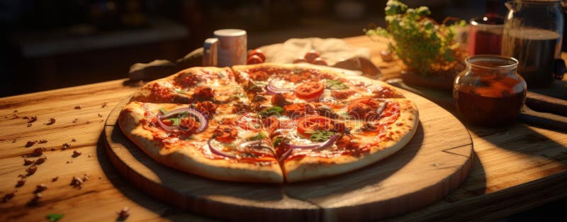 A pizza is being cooked in the heat stock photo