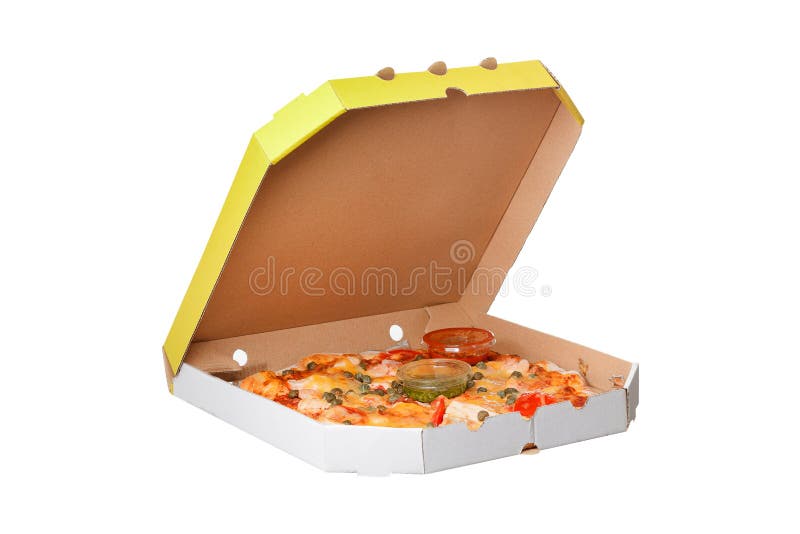 Pizza in box isolated on white background