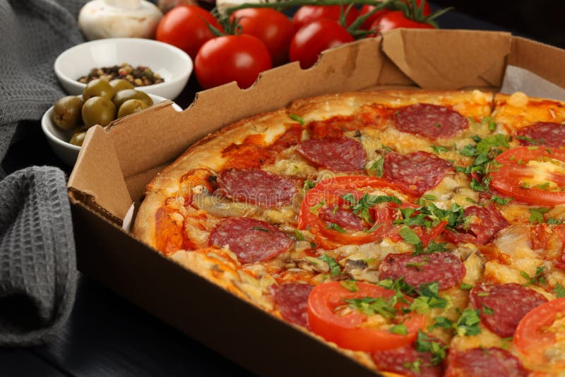 Pizza in Box Open. Pizza in the in Delivery Box Stock Photo Image of