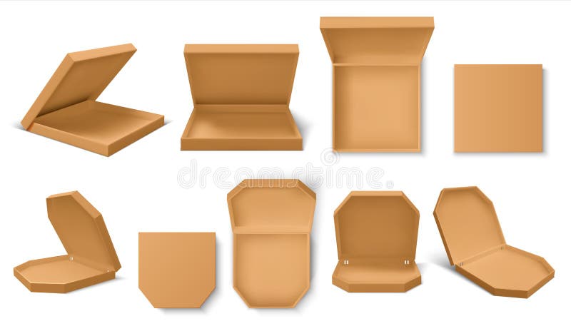 Pizza box. Realistic 3D craft food containers for pizza delivery service, blank mockup for brand identity. Vector empty royalty free illustration