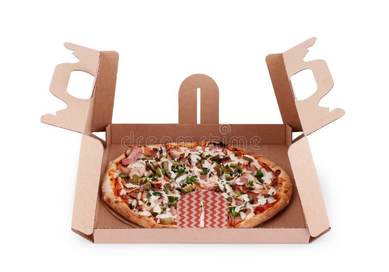 Pizza in a cardboard box stock image. Image of pepperoni 253755085