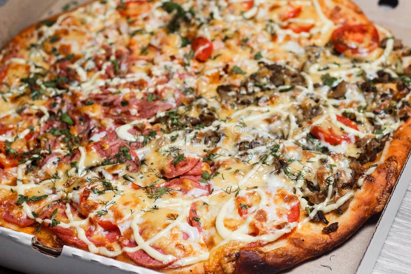 Pizza in a Cardboard Box. Shut. Pizza Delivery. Pizza Menu Stock Image