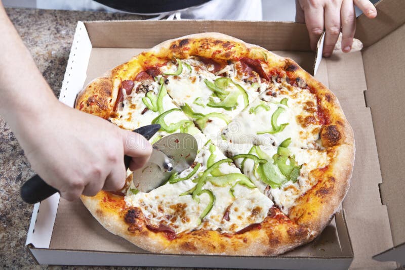 Pizza Chef Cutting Fresh Pizza Stock Photo Image of hands, fast 20011668