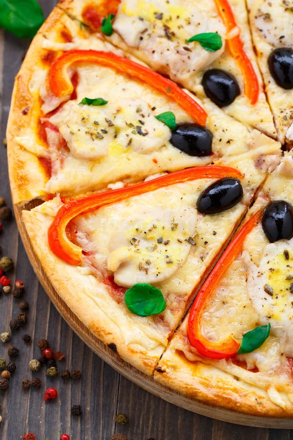 Pizza with Chicken, Pepper and Olives Stock Photo Image of herb