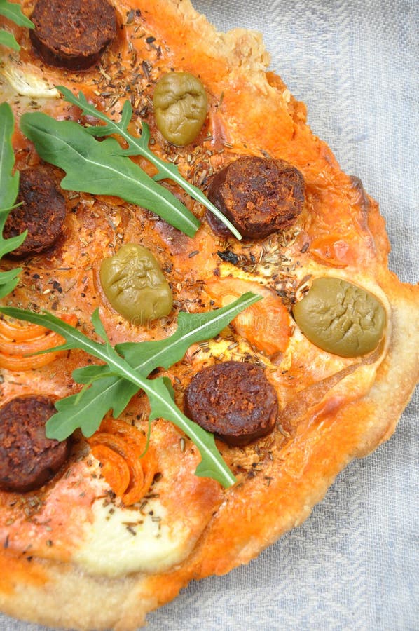 Pizza with chorizo salami stock photo. Image of diet 29748846