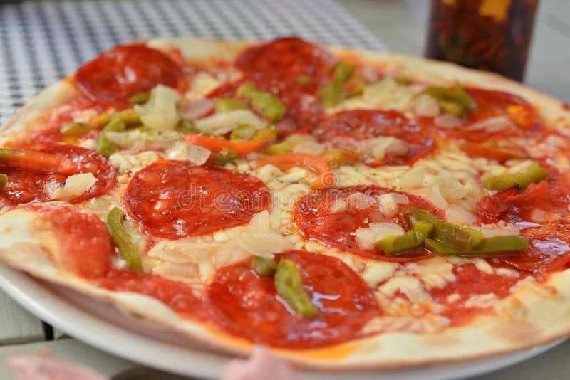 Pizza with chorizo salami Sharp sausages stock image Pizza with chorizo salami Sharp sausages stock image