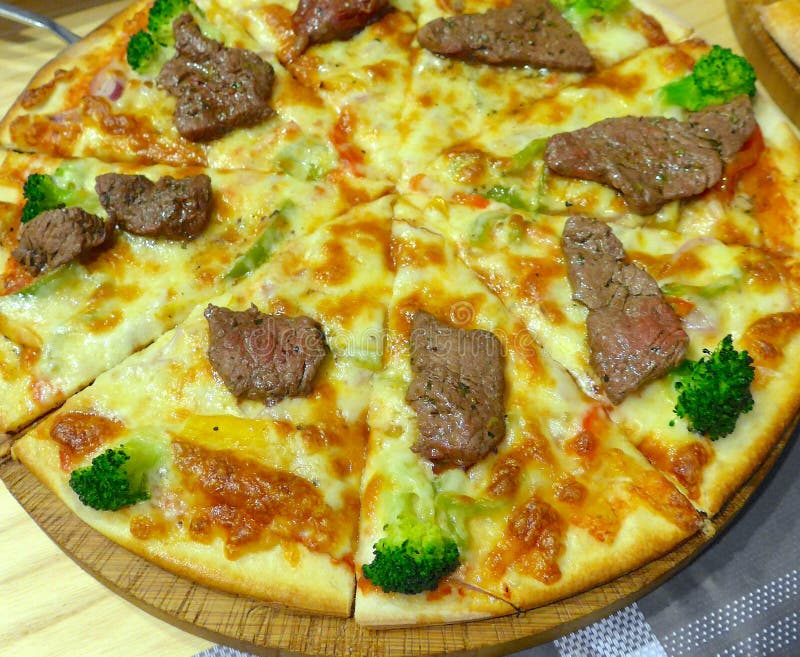 Pizza Closeup with Barbecue Beef, Pepper, Vegetables Stock Photo