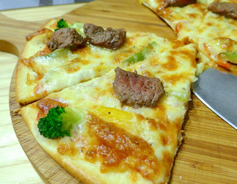 Pizza Closeup with Barbecue Beef, Pepper, Vegetables Stock Image