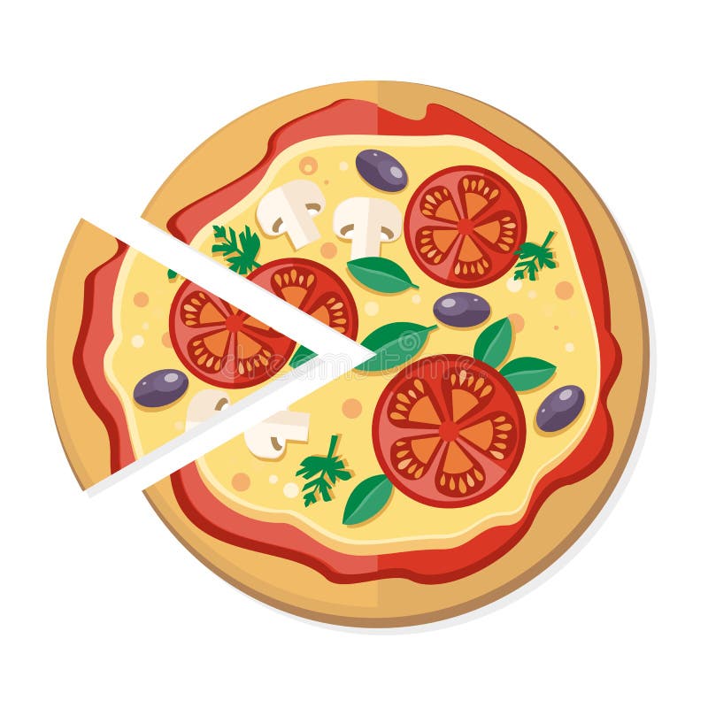 Pizza with tomatoes, olives, mushrooms and herbs in flat style isolated. Traditional italian pizza with vegetables. Illustration for pizzeria, restaurant ad, logo design, delivery service. Vector. Pizza with tomatoes, olives, mushrooms and herbs in flat style isolated. Traditional italian pizza with vegetables. Illustration for pizzeria, restaurant ad, logo design, delivery service. Vector