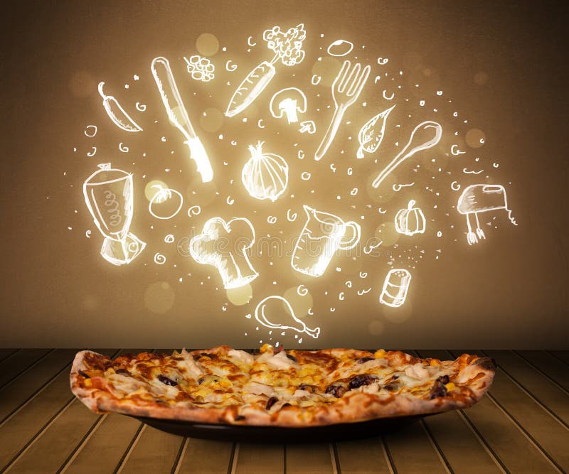 Pizza con le icone ed i simboli bianchi del ristorante fotografia stock libera da diritti Pizza con le icone ed i simboli bianchi del ristorante fotografia stock libera da diritti