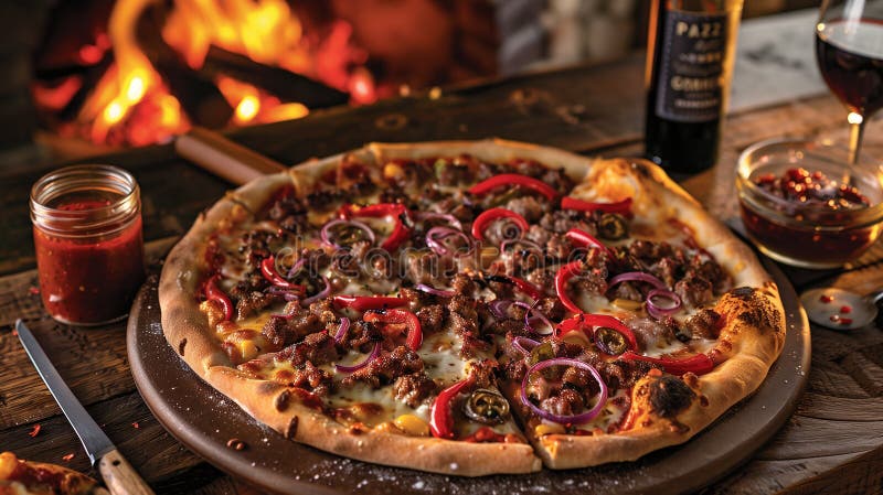 Pizza de fierro aderezada con pimientos rojos asados y pimientos jalapeno con carne.