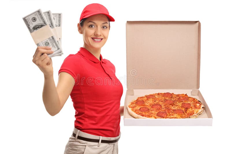 Pizza Delivery Girl With Bundles Of Money And A Pizza Box Stock Image 