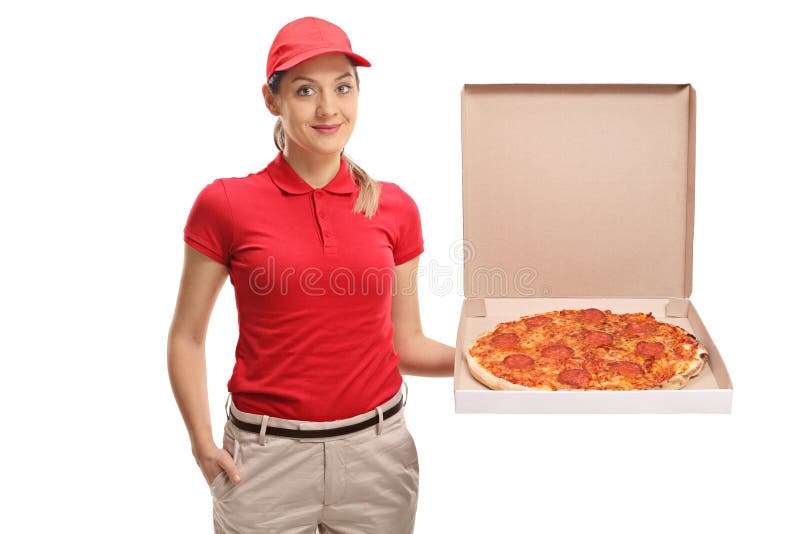 Pizza Delivery Girl Holding A Pizza Box Stock Image Image Of Girl