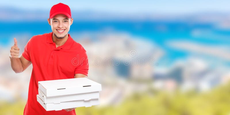 Pizza delivery latin man order delivering job success successful smiling deliver banner copyspace copy space stock images Pizza delivery latin man order delivering job success successful smiling deliver banner copyspace copy space stock images