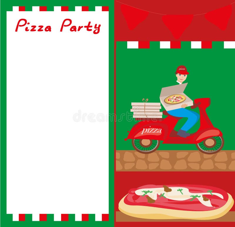 Pizza delivery man on a motorcycle - Abstract card with space f stock illustration Pizza delivery man on a motorcycle - Abstract card with space f stock illustration