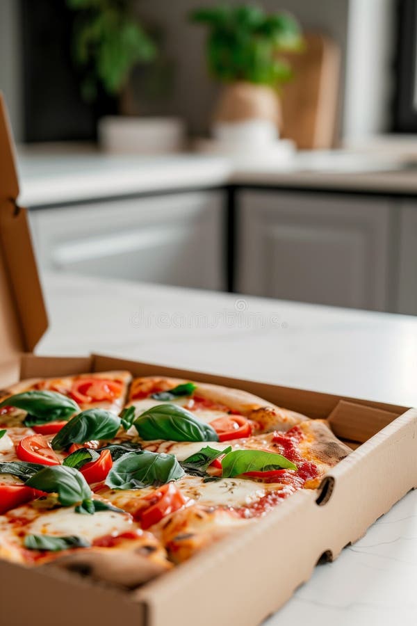 Pizza deliziosa appena cotta in una scatola di cartone. assaporate la comodità della pizza consegnata direttamente alla vostra por immagine stock