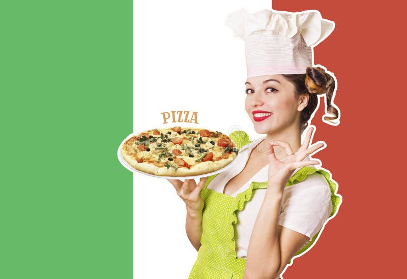 Pizza della tenuta del cuoco unico della donna sul fondo italiano della bandiera fotografia stock Pizza della tenuta del cuoco unico della donna sul fondo italiano della bandiera fotografia stock