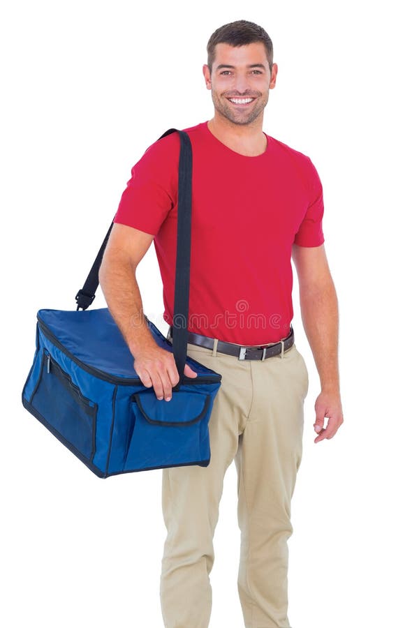 Portrait of pizza delivery man holding bag on white background. Portrait of pizza delivery man holding bag on white background