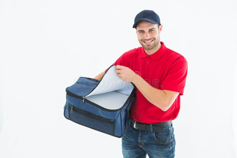 Portrait of pizza delivery man opening bag on white background. Portrait of pizza delivery man opening bag on white background