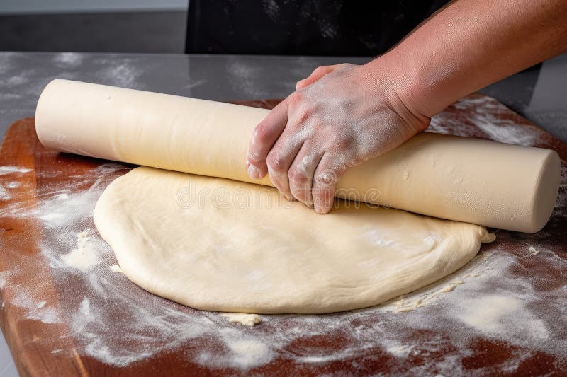 Pizza Dough Being Rolled Out into Thin, Round Crust for Pizza Stock Illustration Illustration
