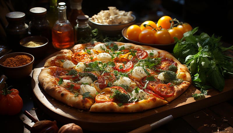 Pizza fatta in casa, appena cotta, su tavolo di legno rustico un pasto di gourmet generato dall'ai royalty illustrazione gratis