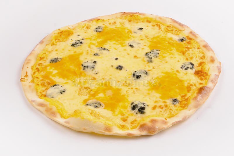 Pizza with four kinds of cheese on a white background. stock photos