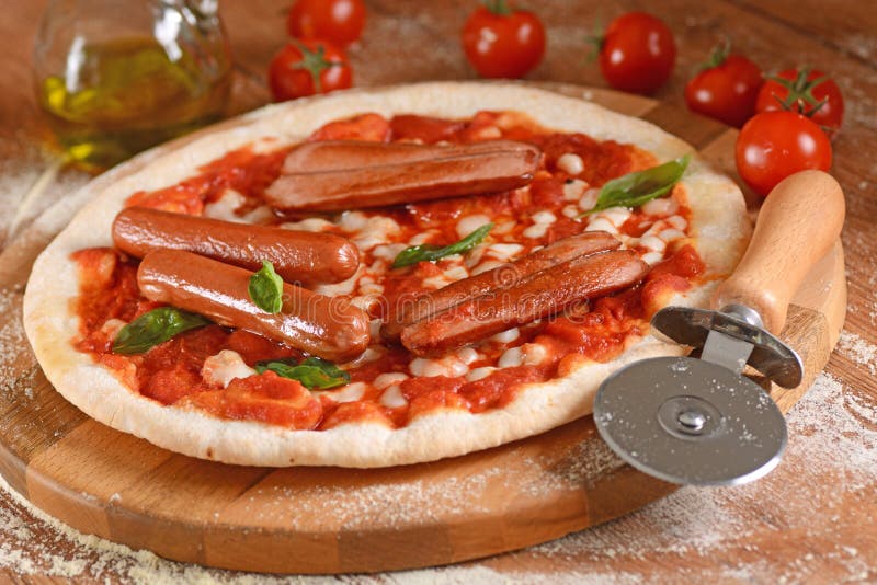 Pizza with frankfurters stock photo. Image of frankfurter 75107480