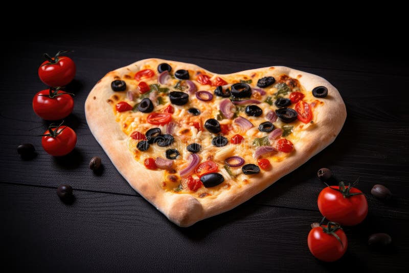 Pizza Heart Shape with Spicy Red Pepper and Black Olive Combo Stock ...