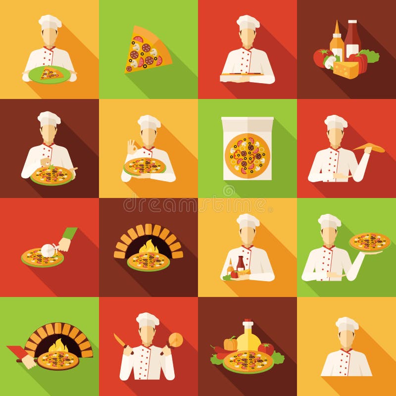 Pizza-Hersteller-flache Ikonen eingestellt stock abbildung Pizza-Hersteller-flache Ikonen eingestellt stock abbildung