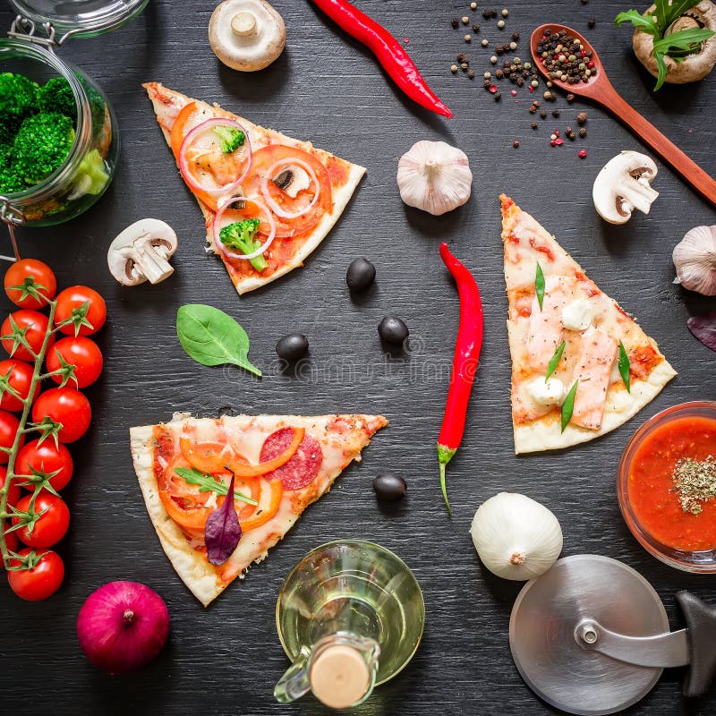 Pizza with ingredients and vegetables on dark table. Flat lay, top view. Sliced pizza pattern royalty free stock images Pizza with ingredients and vegetables on dark table. Flat lay, top view. Sliced pizza pattern royalty free stock images