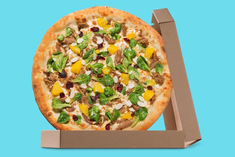 Pizza Italiana Com Carne De Pato E Ananás Numa Caixa Aberta Sobre Um  Conceito De Entrega De Fundo Ciano Imagem de Stock - Imagem de gostoso,  abacaxi: 241916017